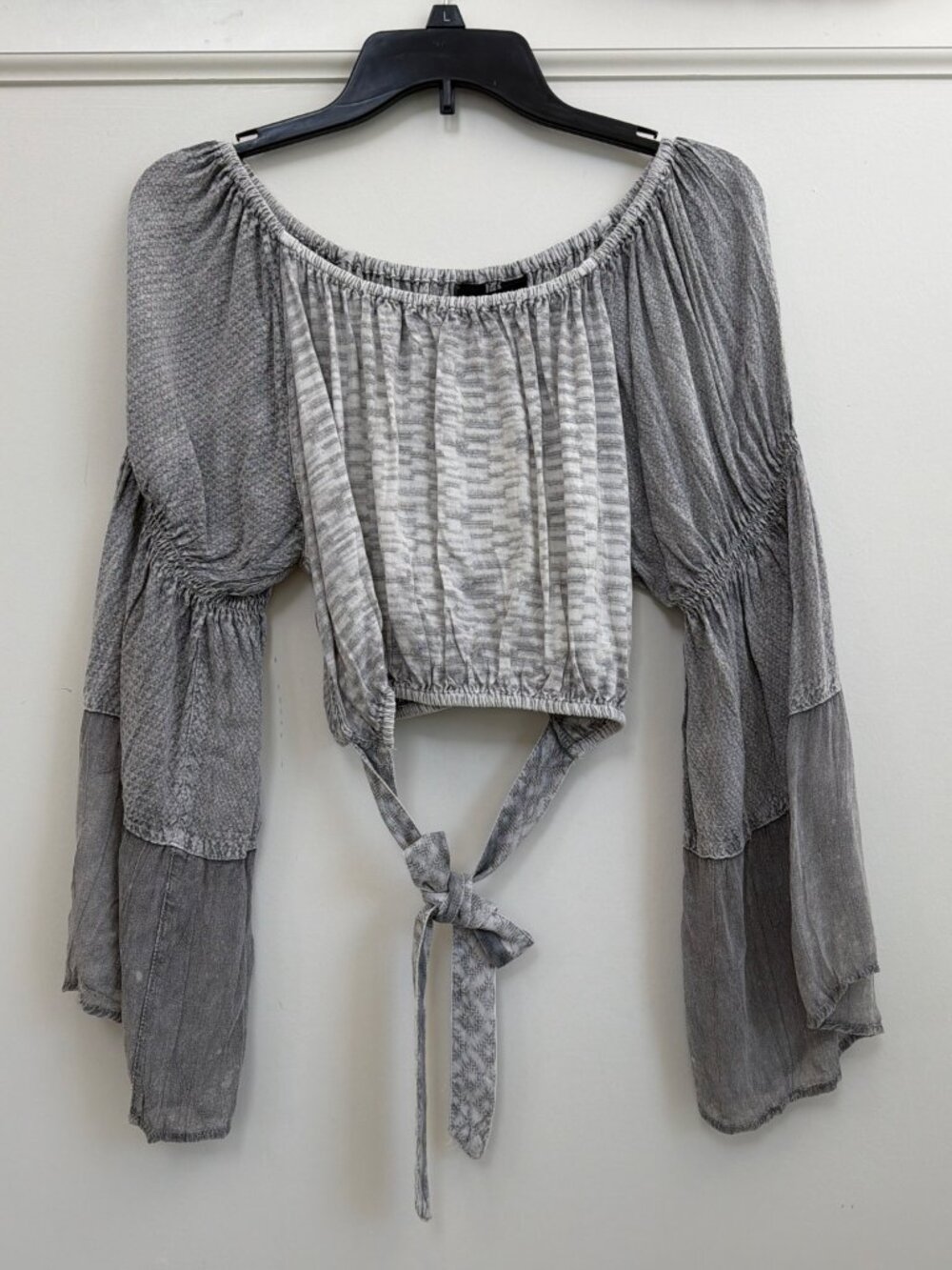 Young Threads Patchwork Bell Sleeve Boho Crop Top Grey L NWT